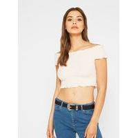 womens peach shirred bardot crop top apricot