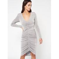 Womens Silver Ruched Bodycon Dress, Stone