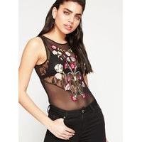 womens floral embroidered mesh body black