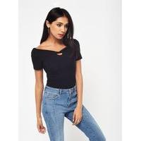 Womens Black Twist Keyhole Bardot Top, Black