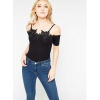 womens petite crochet cold shoulder bodysuit black