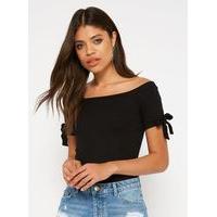 Womens Black Tie Sleeve Bardot Top, Black