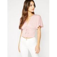 Womens Pink Angel Sleeve Ruched Crop Top, Pink