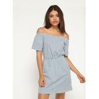 womens ticking stripe bardot dress blue