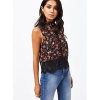 Womens Floral Print Lace High Neck Top, Assorted