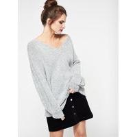 Womens Grey V-Neck Slouchy Knitted Jumper, Grey