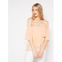 Womens Coral Lace Trim Bardot Top, Coral