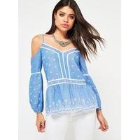 Womens Chambray Cutwork Cold Shoulder Top, Blue