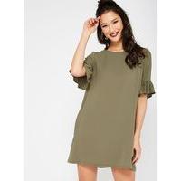 Womens Khaki Flute Sleeve Shift Dress, Khaki