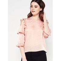 Womens Pink Ruffle Shoulder Top, Pink