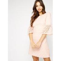 Womens Pink Lace Flute Sleeve Dress, Pink