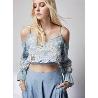 Womens Strappy Cutwork Cold Shoulder Top, Blue