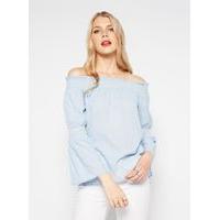 Womens Blue And Ivory Shirred Bardot Top, Assorted