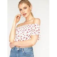 Womens Cream Floral Print Crop Bardot Top, Assorted