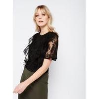 Womens Black Lined Lace Ruffle Blouse, BLACK