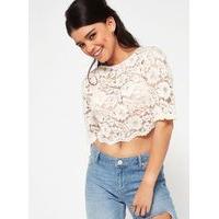 Womens PETITE Lace Crop Top, Ivory