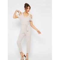 womens cut out shoulder bardot jumpsuit silver grey