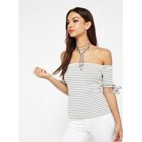 womens striped tie sleeve bardot top assorted