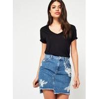 Womens Embroidered Step Hem Denim Skirt, Mid Wash Denim