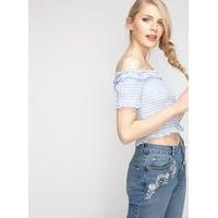 Womens Blue Gingham Shirred Bardot Top, Blue