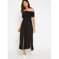 womens black shirred bardot maxi dress ivory