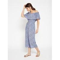 Womens Blue Printed Bardot Jumpsuit, Blue