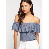 womens chambray ruffle bardot top blue