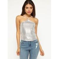 Womens Silver Metallic Halter Neck Crop Top, Silver Colour