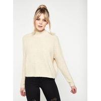 Womens Oatmeal Crop Funnel Neck Knitted Jumper, beige