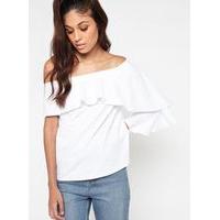 womens one sleeve ruffle poplin bardot top white