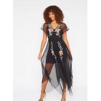 Womens Black Floral Hanky Hem Mesh Dress, Black