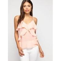 Womens Coral Ruffle Front Camisole Top, Coral