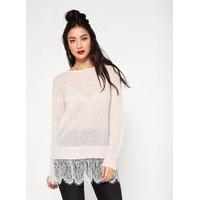 Womens Pink Lace Hem 2 In 1 Knitted Jumper, pink