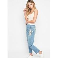 womens petite embroidered mom jeans blue