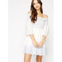 Womens Shirred Embroidered Cutwork Dress, Ivory