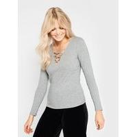 Womens Grey Rib Fixed Lattice Top, Grey