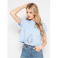 Womens Blue Embroidered Crochet T-Shirt, Blue