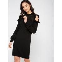 Womens Frill Cold Shoulder Knitted Dress, black