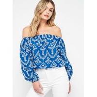 Womens Blue Embroidered Bardot Top, Blue
