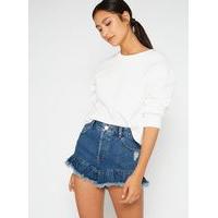 womens blue frill hem denim shorts mid blue