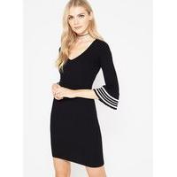 Womens Black Stripe Cuff V-Neck Knitted Dress, black
