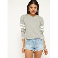 Womens Grey Stripe Sleeve Sweatshirt, Grey