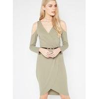 Womens Khaki Cold Shoulder Wrap Dress, Khaki