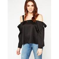 Womens Long Sleeve Bow Cold Shoulder Top, Black