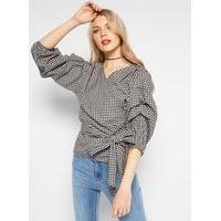 Womens Gingham Wrap Blouse, Assorted