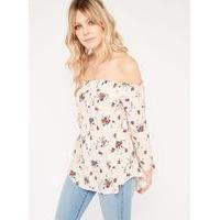 Womens Floral Print Button Front Bardot Top, Assorted