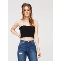 Womens Black Shirred Bandeau Crop Top, Black