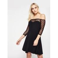 Womens PETITE Dobby Mesh Skater Dress, Black