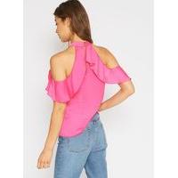 Womens Fuchsia Cold Shoulder Halter Neck Top, Pink