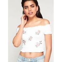 Womens Embroidered Shirred Bardot Crop Top, White